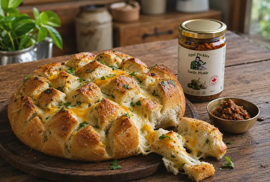 Cheesy garlic pickle pull-apart bread with melted cheese, an Agni Garlic Pickle jar, and a small pickle bowl on a rustic wooden table