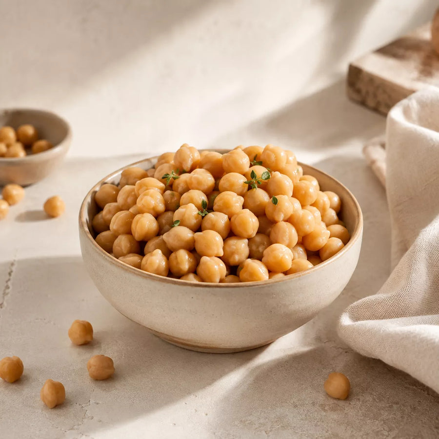 Cooked chickpeas in a rustic ceramic bowl with a few fresh herb leaves on a warm neutral background.