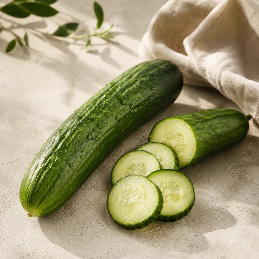 A whole green cucumber and two sliced cucumber rounds arranged on a light stone surface with a beige cloth and a few leaves in the background.
