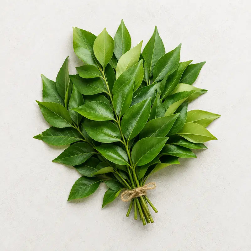 A small bundle of fresh green leaves tied with natural jute twine, photographed from above on a light neutral background.