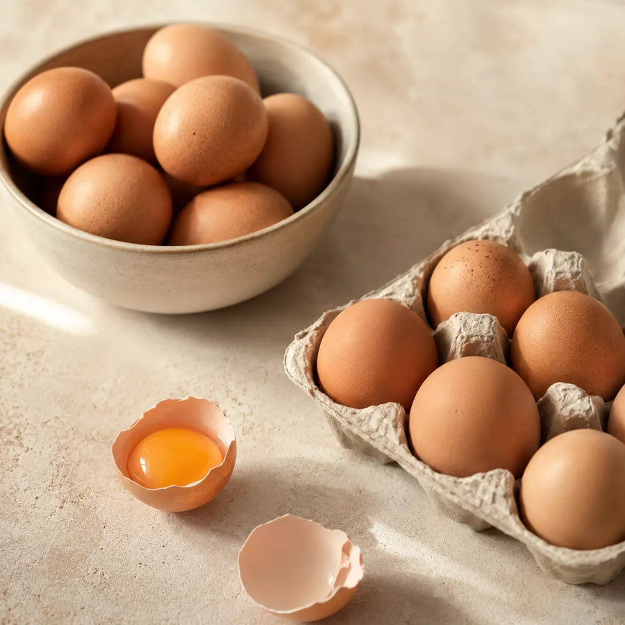 Fresh brown eggs arranged in a carton and ceramic bowl with one cracked egg showing the yolk on a warm neutral background.