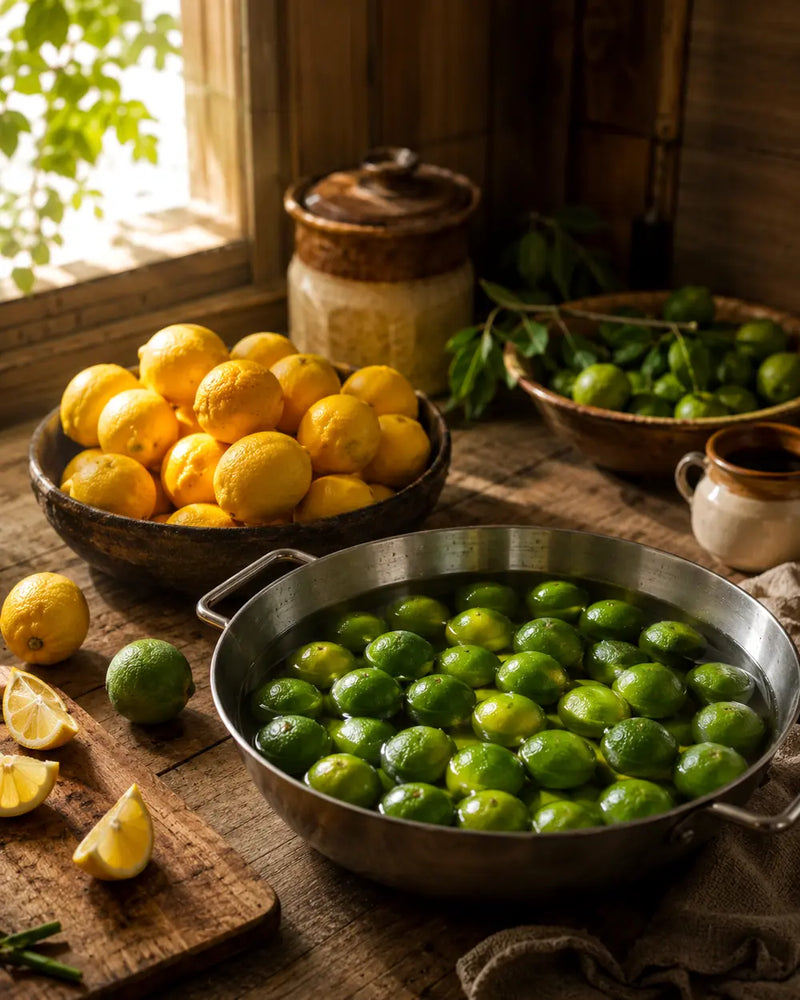 Fresh green limes soaking in a steel pot with yellow lemons and cut citrus on a rustic kitchen table.