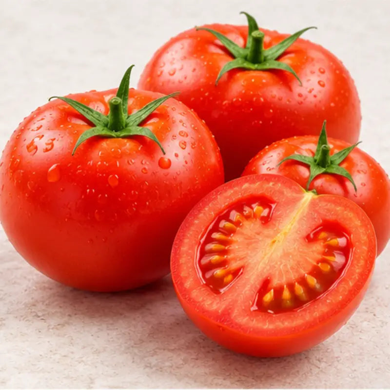 Four red tomatoes on a light stone surface, with one tomato cut in half to show the inside seeds. Water droplets are visible on the tomatoes.