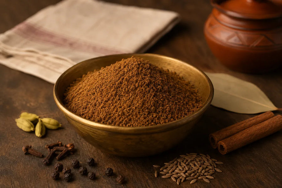 Freshly ground Indian garam masala in a brass bowl surrounded by cardamom, cloves, peppercorns, cumin, cinnamon and bay leaf.