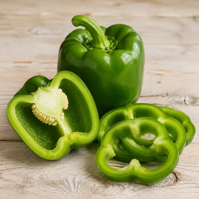 Fresh green bell pepper shown whole, halved and sliced into rings.