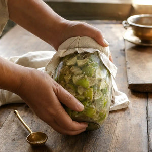Hands gently turning a jar of salted limes as part of the slow pickle-making process.
