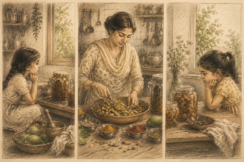 pastel-toned hand-drawn illustration of a rustic kitchen workspace where a daughter is observing her maa cook quitely