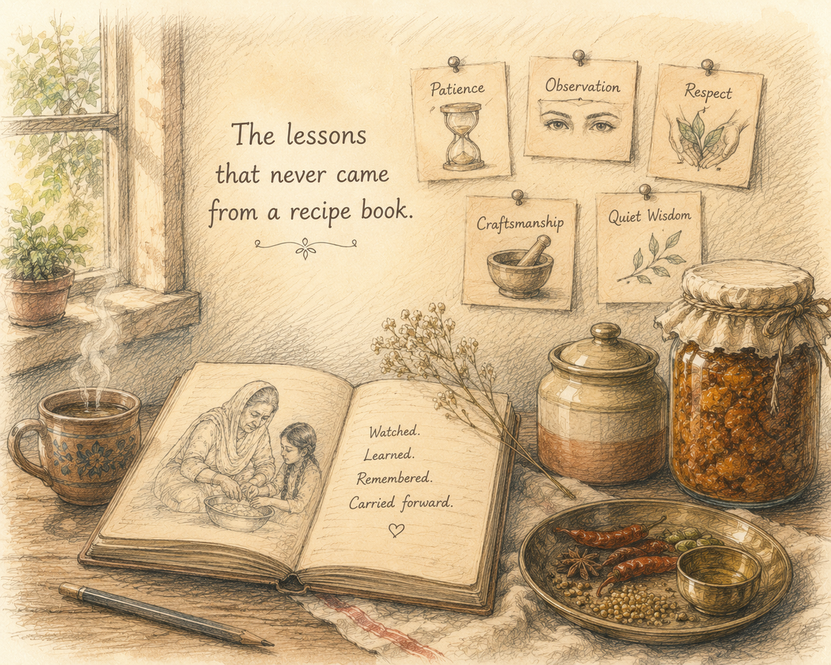 A pastel-toned hand-drawn illustration of a rustic kitchen workspace with a recipe journal, spice jars, traditional utensils, and preserved pickles, representing quiet wisdom, patience, and attention to detail passed through generations.*
