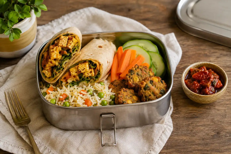 Vegetarian Indian lunchbox with vegetable pulao, mini idlis, paneer bites, fresh vegetables, grapes and pickle.