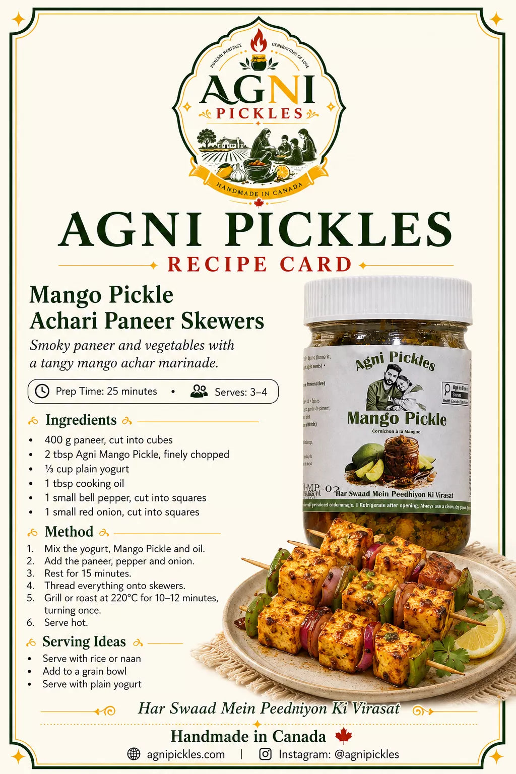 A recipe card for Agni Pickles Mango Pickle Achari Paneer Skewers, featuring product branding, ingredients, preparation and serving instructions, and a photo of the prepared skewers on a plate.