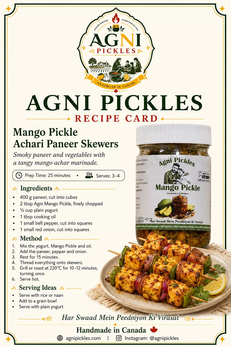 A recipe card for Agni Pickles Mango Pickle Achari Paneer Skewers, featuring product branding, ingredients, preparation and serving instructions, and a photo of the prepared skewers on a plate.