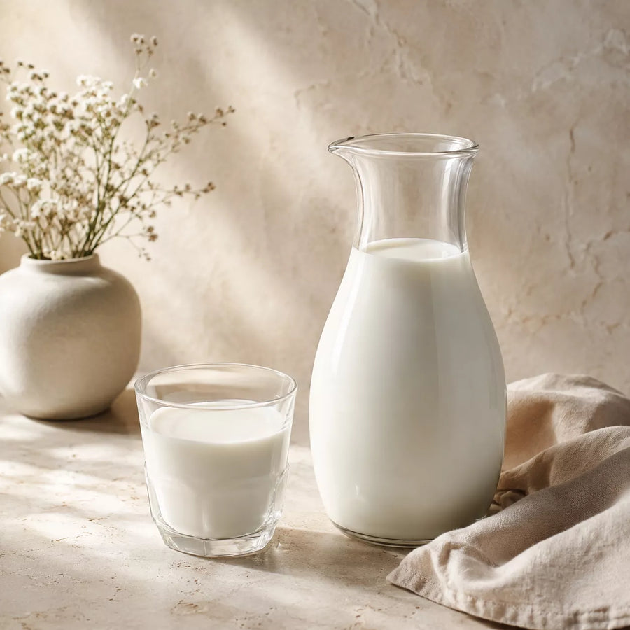 A clear glass milk carafe filled with milk and a matching glass cup, styled on a beige surface with a draped cloth, dried flowers in a vase, and warm natural light.