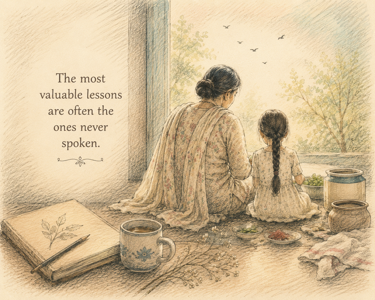 A pastel-toned hand-drawn illustration of a rustic home of mother & Daughter enjoying quiet time together