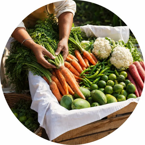 A close-up circular photo of a person's hands harvesting fresh carrots from a wooden crate filled with colorful vegetables, including carrots, limes, cauliflower, green beans, and red radishes, set against a blurred green outdoor background.