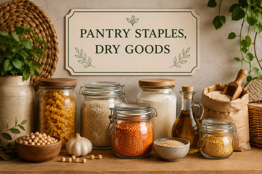 Pantry staples and dry goods arranged in jars and bowls, including pasta, rice, chickpeas, lentils, flour and cooking essentials.
