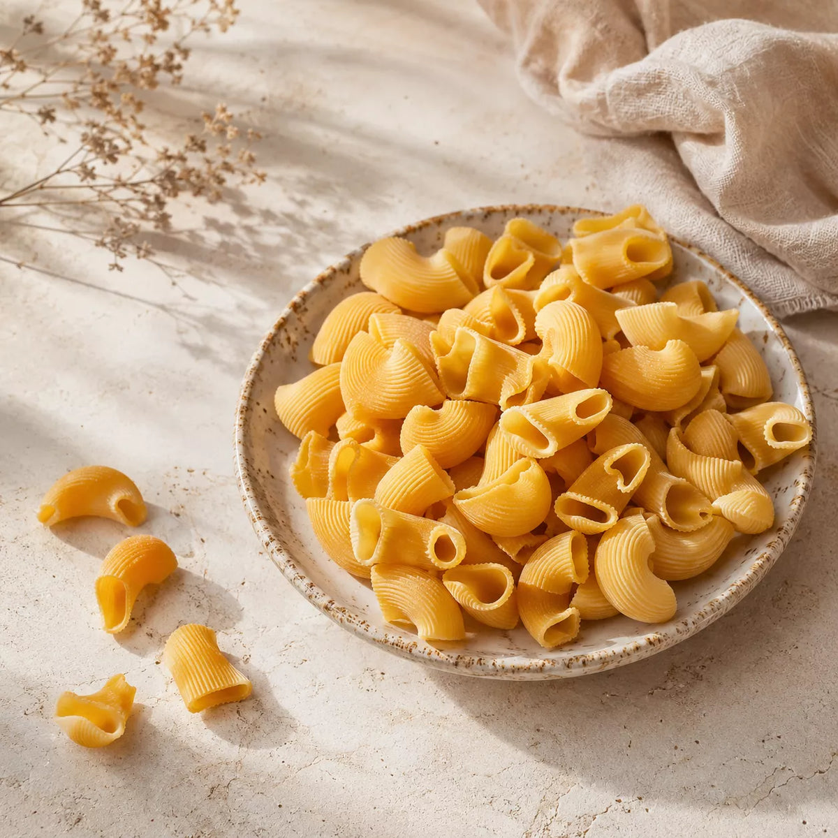 Uncooked penne pasta piled on a speckled ceramic plate, with a few pieces scattered beside it on a warm beige surface. A soft beige cloth and dried flowers appear in the background.