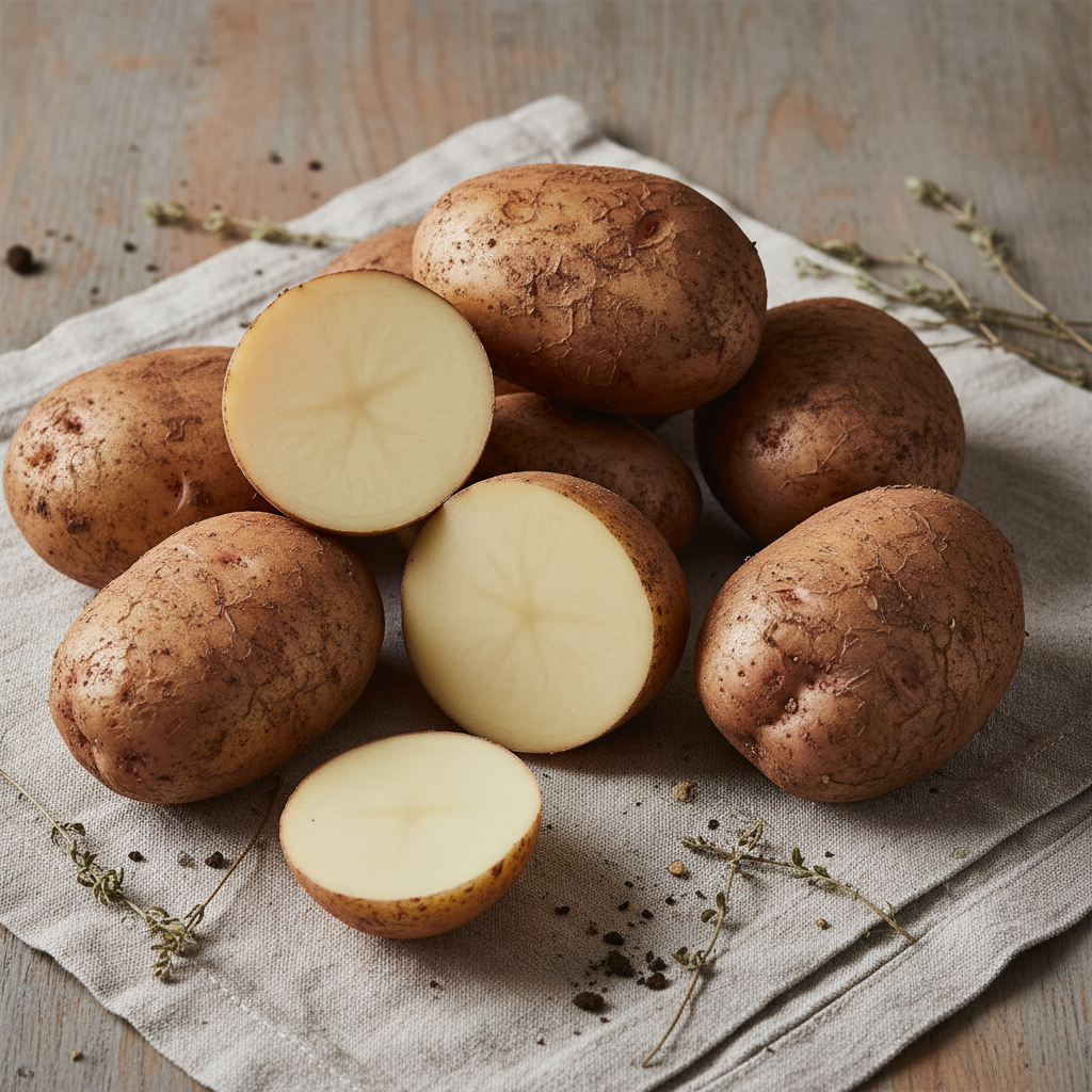 Fresh whole potatoes with natural earthy skins arranged on a rustic wooden surface