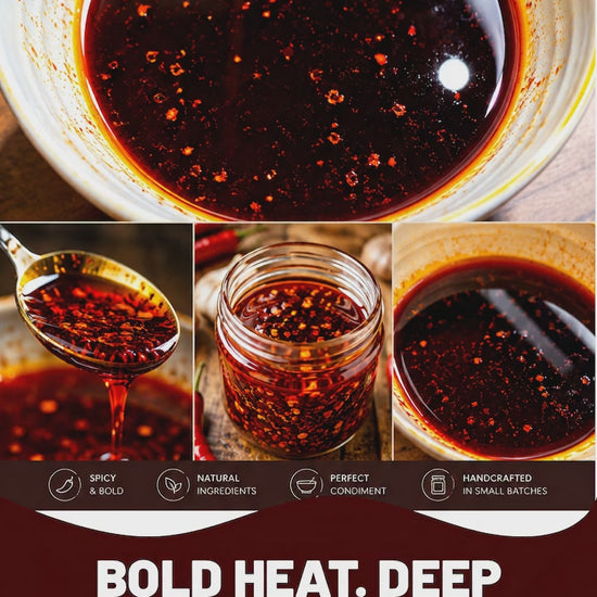 Handcrafted chilli drizzle with layered heat and smoky savoury undertones
Flavour-packed chilli oil infused with aromatic herbs and whole spices
Rich red chilli condiment with crispy aromatics and tangy vinegar finish
