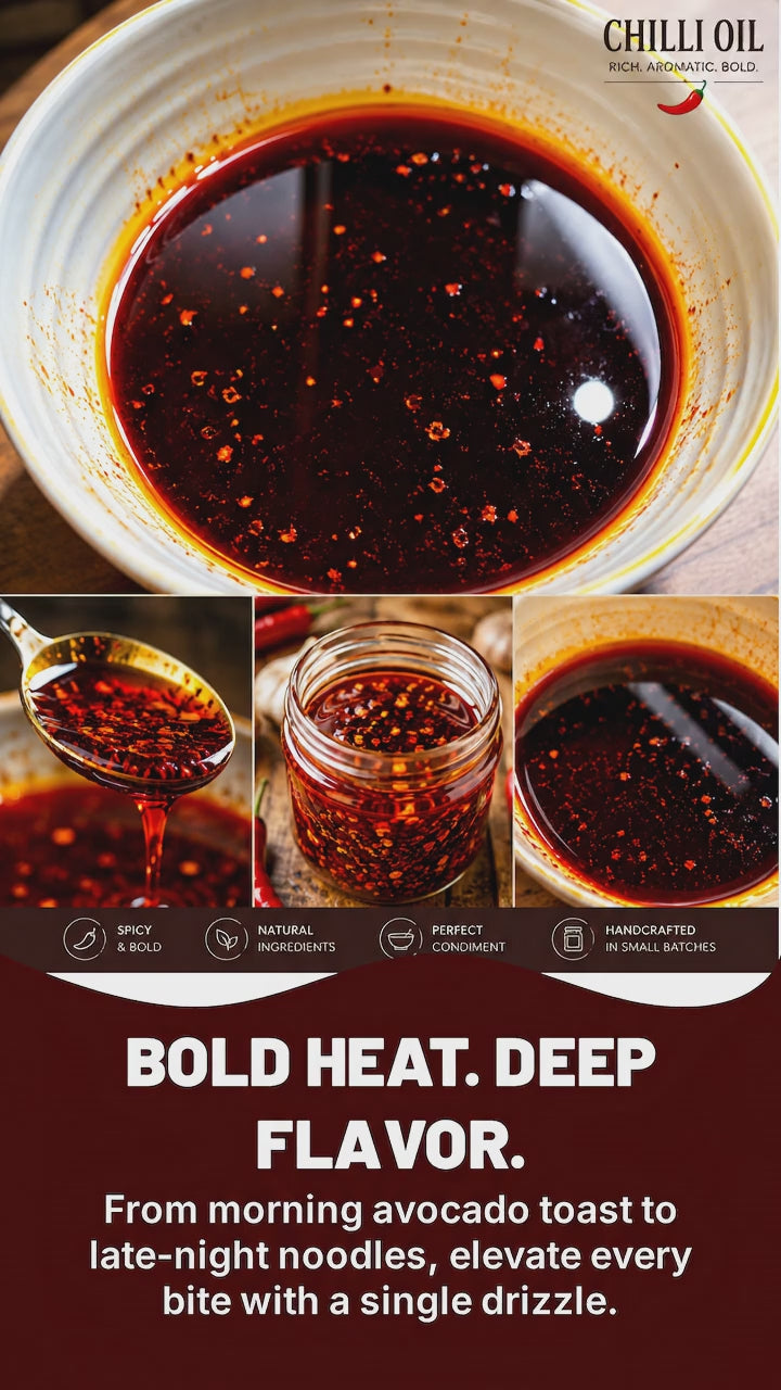 Handcrafted chilli drizzle with layered heat and smoky savoury undertones
Flavour-packed chilli oil infused with aromatic herbs and whole spices
Rich red chilli condiment with crispy aromatics and tangy vinegar finish