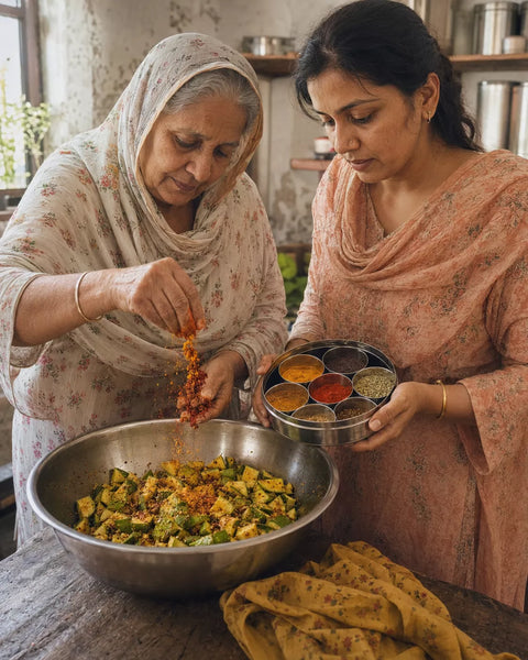 Two women preparing food in a rustic kitchen setting. One woman on the left sprinkles spices from her fingers into a large metal bowl of chopped vegetables, while the other on the right holds a small metal container of colorful spices.