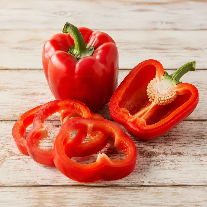 Fresh red bell pepper shown whole, halved and sliced into rings.