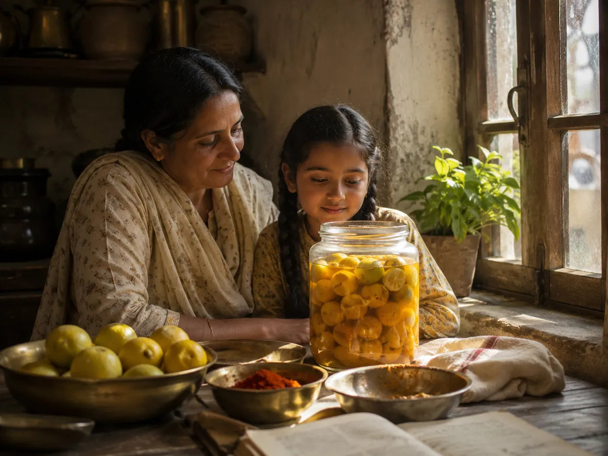 Mother and daughter sitting by a sunlit kitchen window, looking at a glass jar of handmade lime pickle curing beside bowls of spices and fresh limes