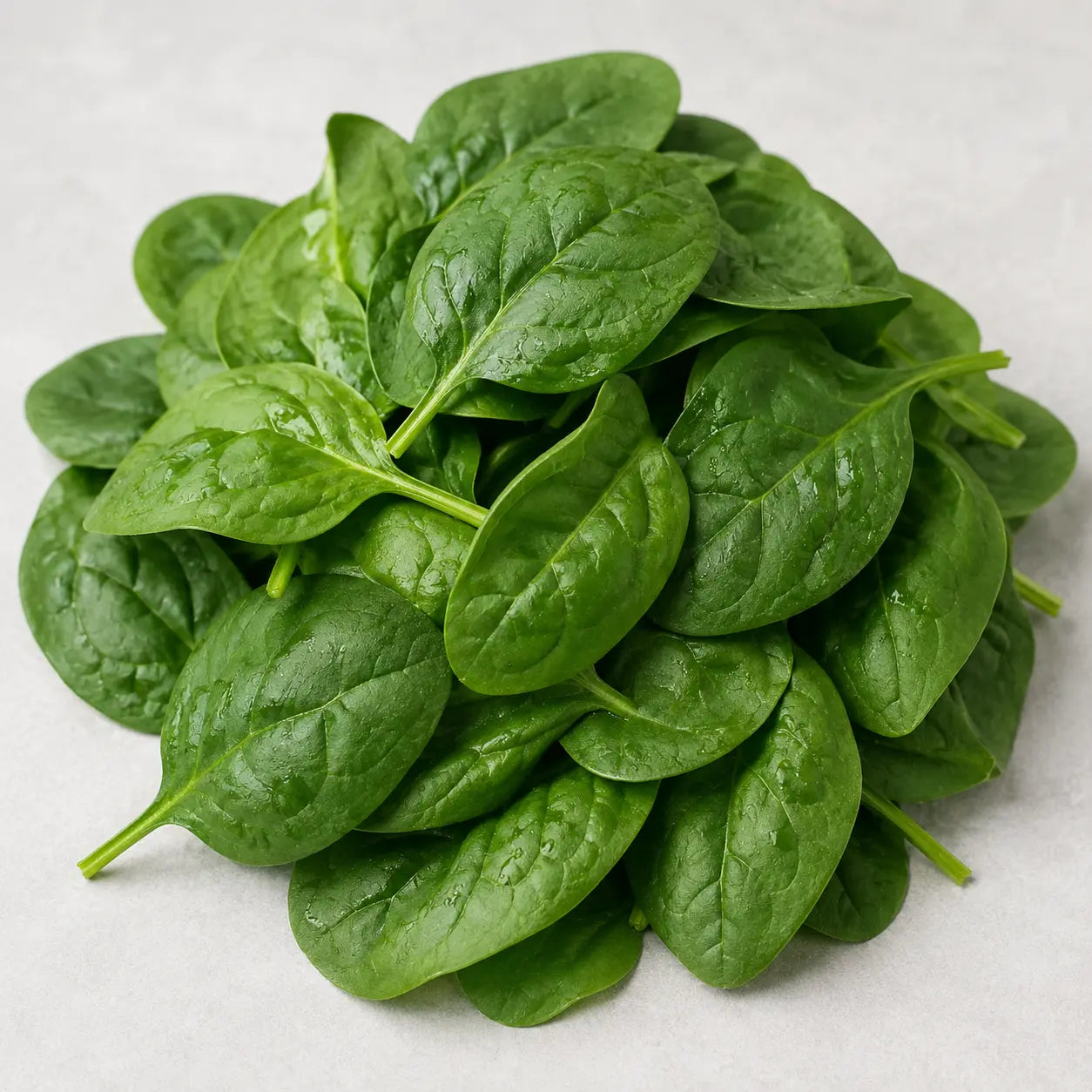 Fresh spinach leaves arranged in a pile on a light neutral background