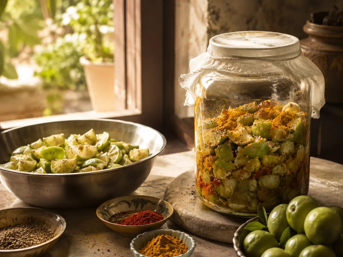 Glass jars of salted limes resting near a warm kitchen window as sunlight begins the slow curing process.
