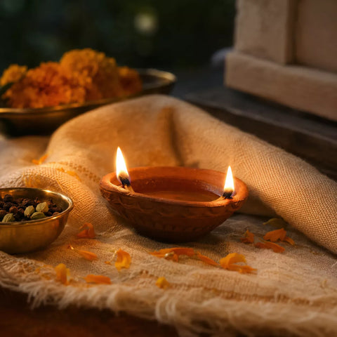 A warm, atmospheric product shot of a traditional clay diya (oil lamp) with two lit flames, resting on a rustic beige burlap cloth. A small brass bowl of spices sits nearby, with a blurred background showing marigold flowers and a stone structure.