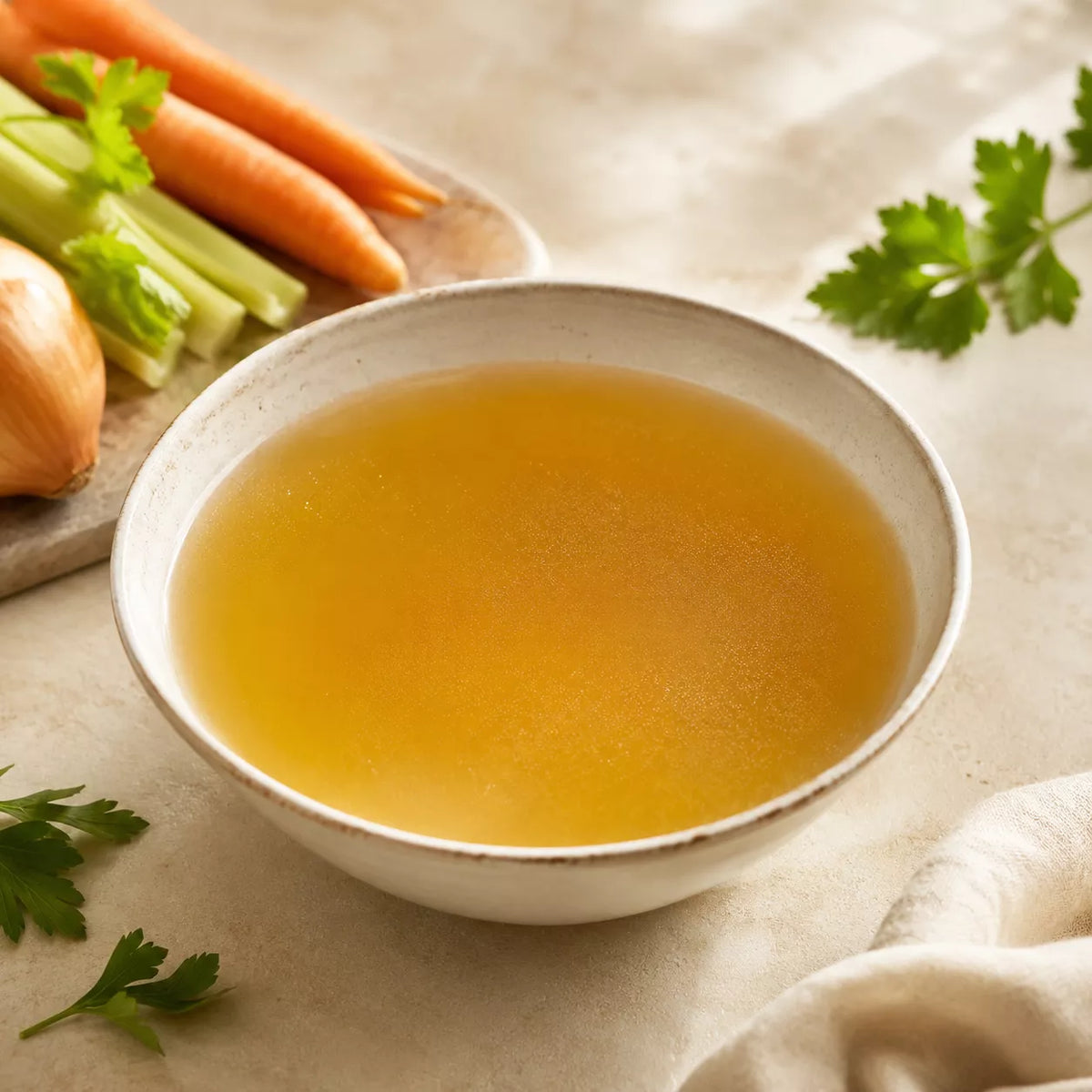 A ceramic bowl filled with light golden broth, styled on a beige surface with carrots, celery, parsley, and a shallot in the background.
