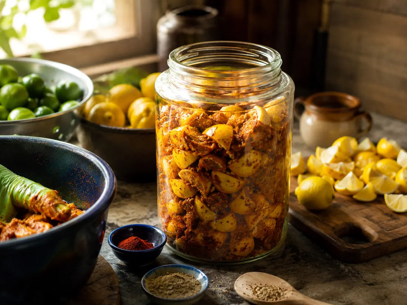 Glass jar packed with spiced lemon pieces beside fresh lemons, green limes, and pickle spices in a rustic kitchen.