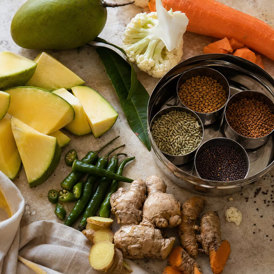 Whole ingredients and spices used in Agni Pickles