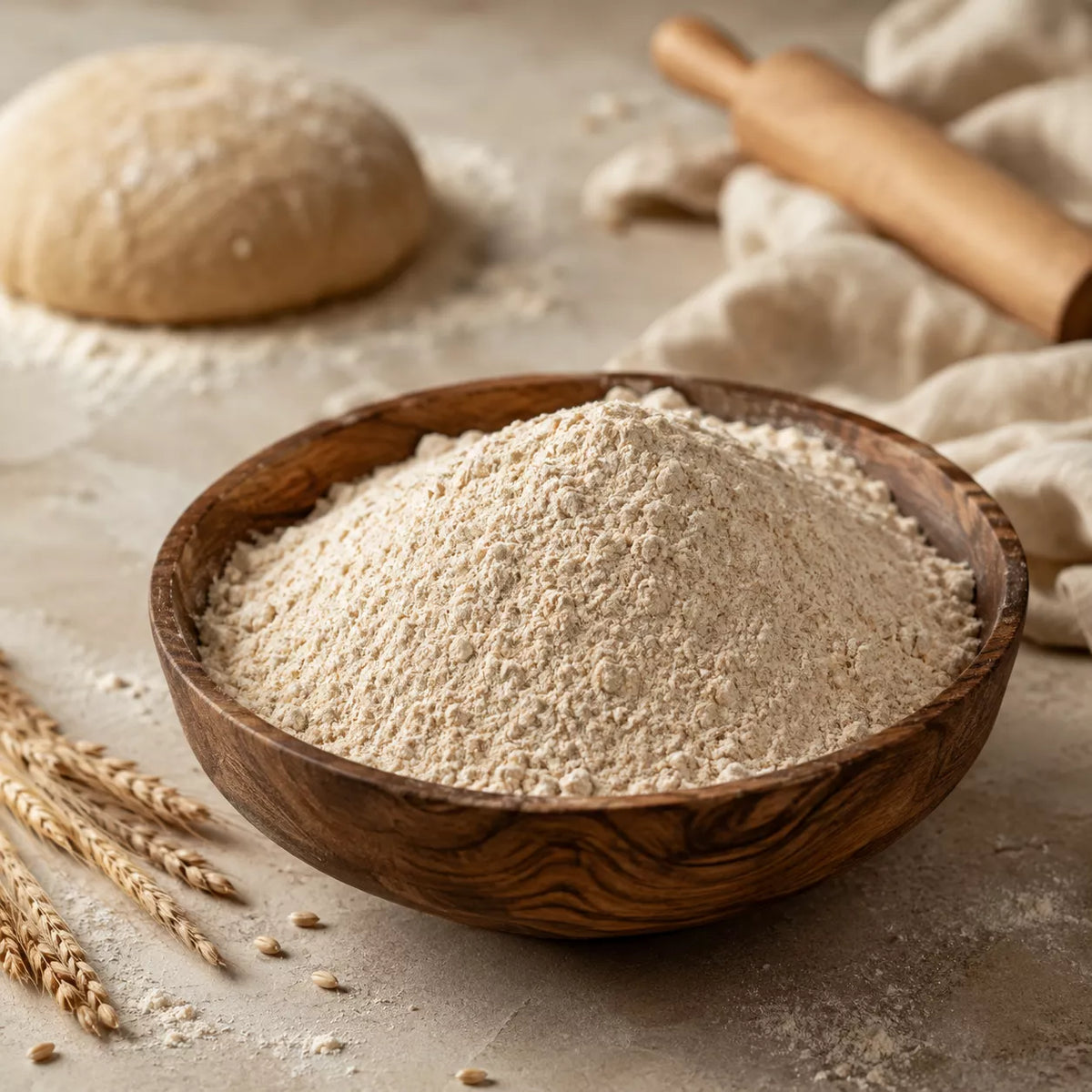 A wooden bowl filled with fine wheat flour, set on a stone surface with wheat stalks, a rolling pin, and a ball of dough in the background.