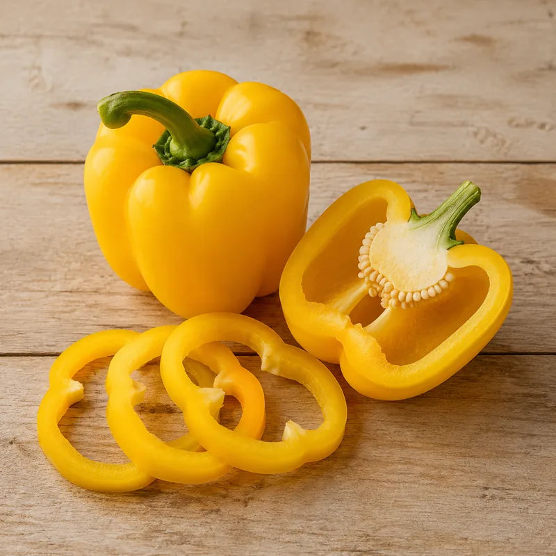 Fresh yellow bell pepper shown whole, halved and sliced into rings